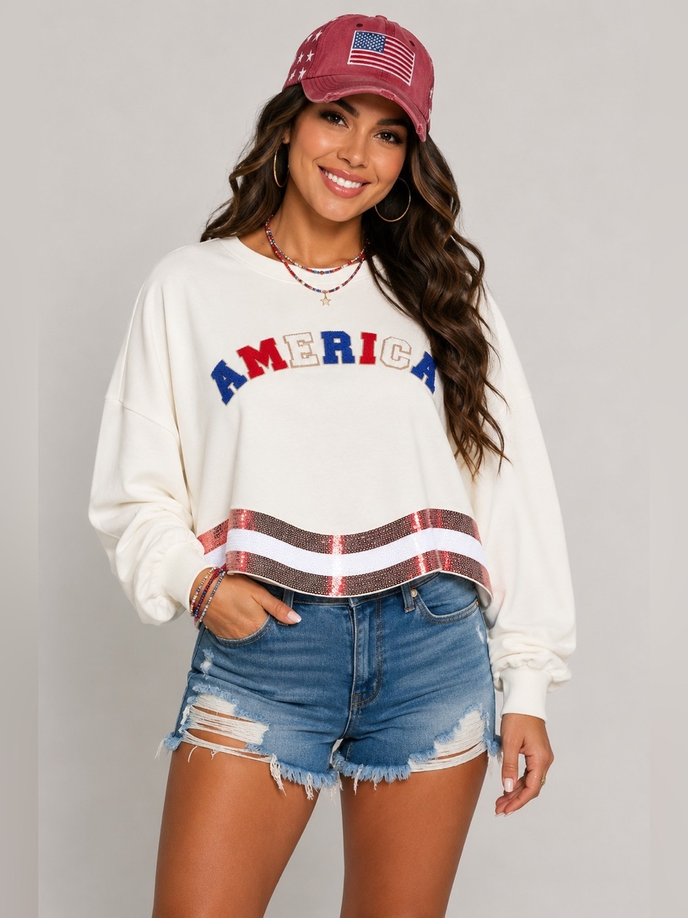 THE AMERICANA CREW LONG SLEEVE SEQUIN CROP PULLOVER SWEATER Multiple Size White